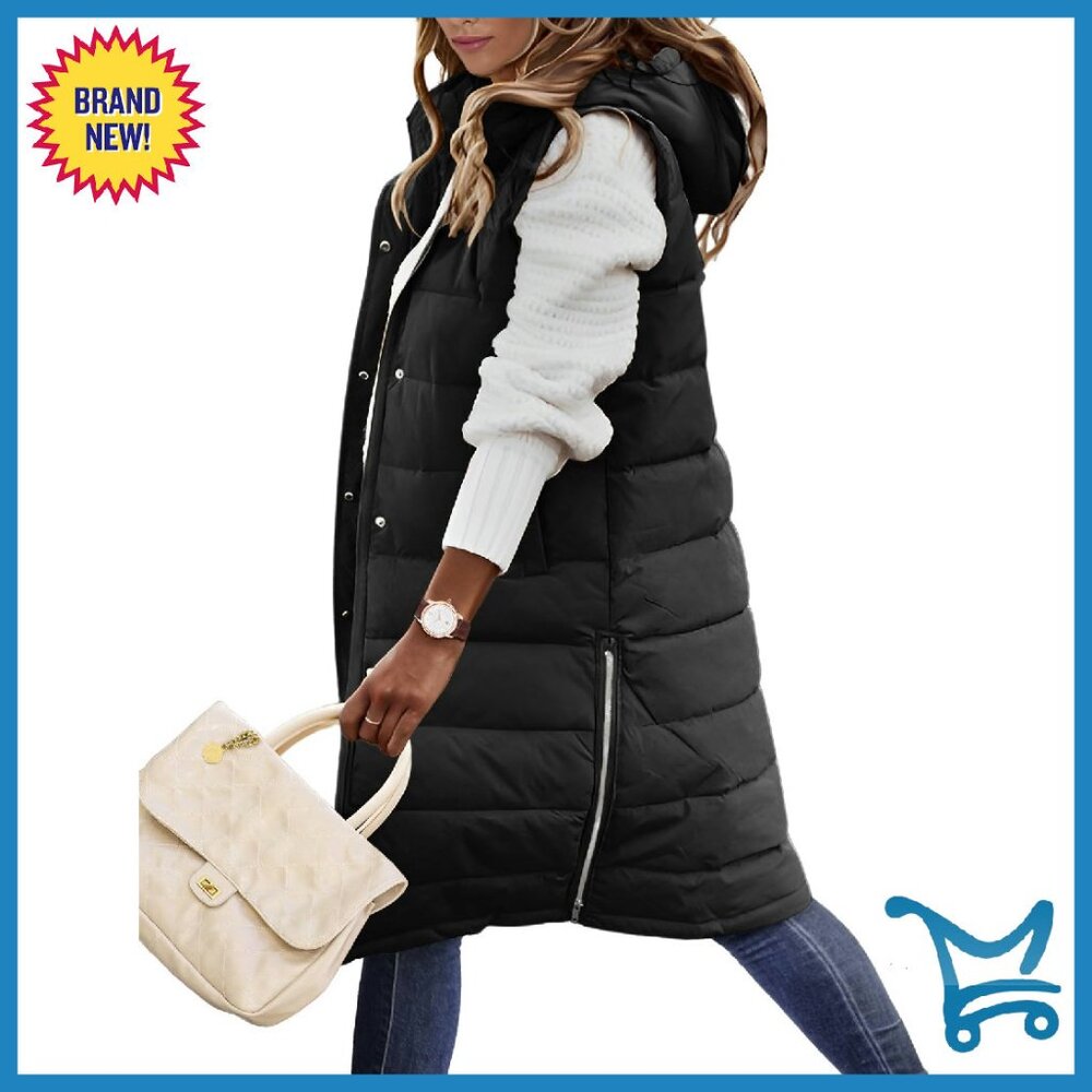 Women's Long Hooded Puffer Vest Sleeveless Quilted Jacket With Pockets
